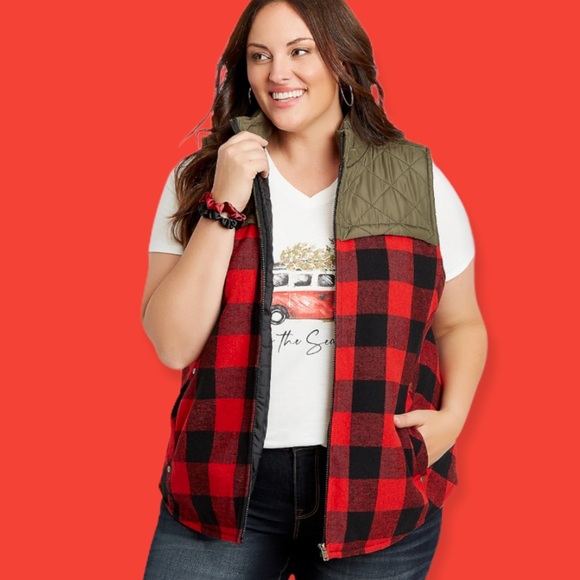 XS Red Buffalo Plaid Flannel Puffer Zip Up Vest - Picture 3 of 14
